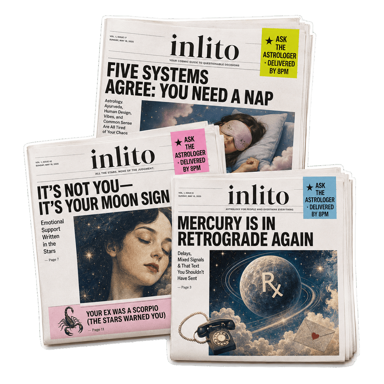 Playful tabloid headlines about astrology