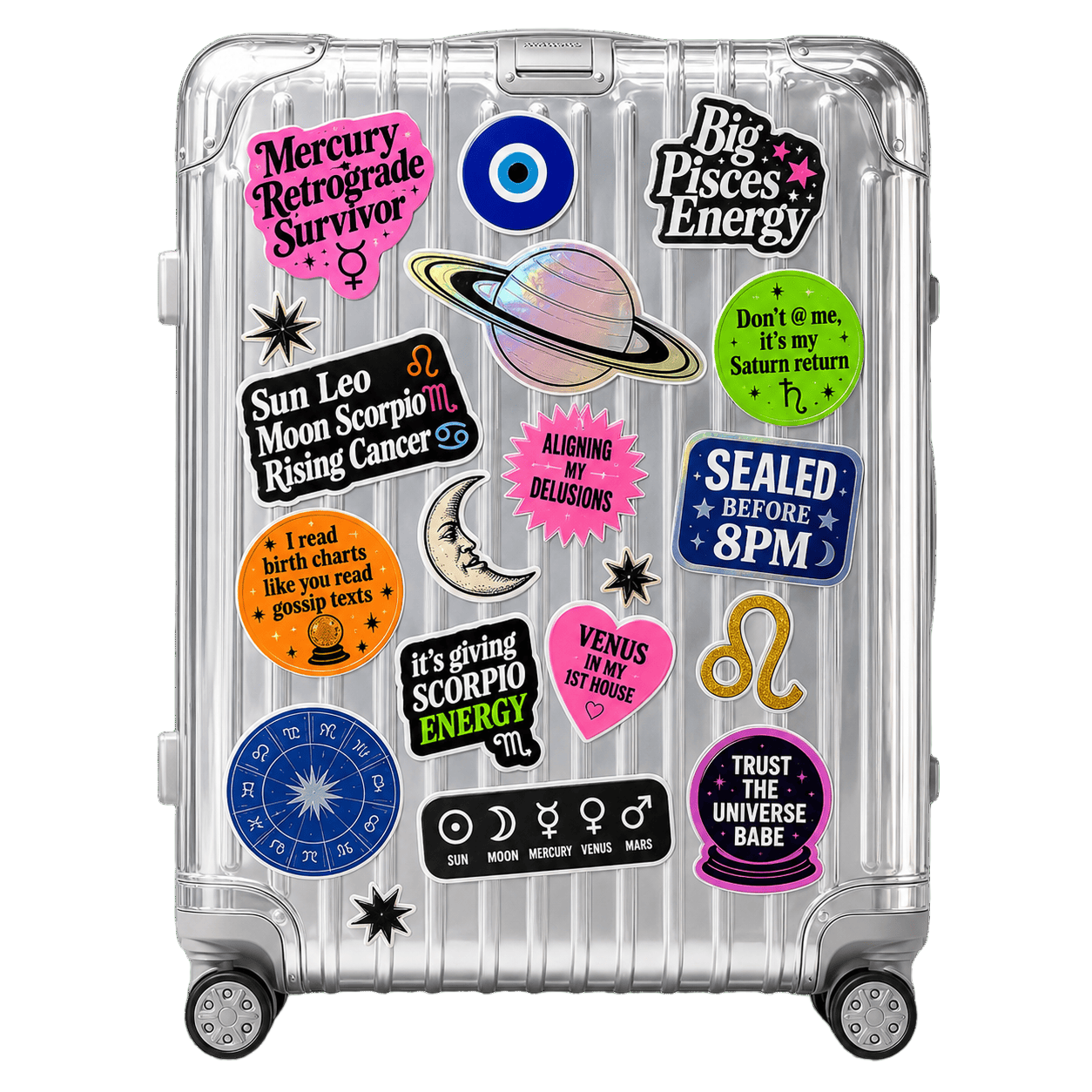 A suitcase covered in playful astrology stickers